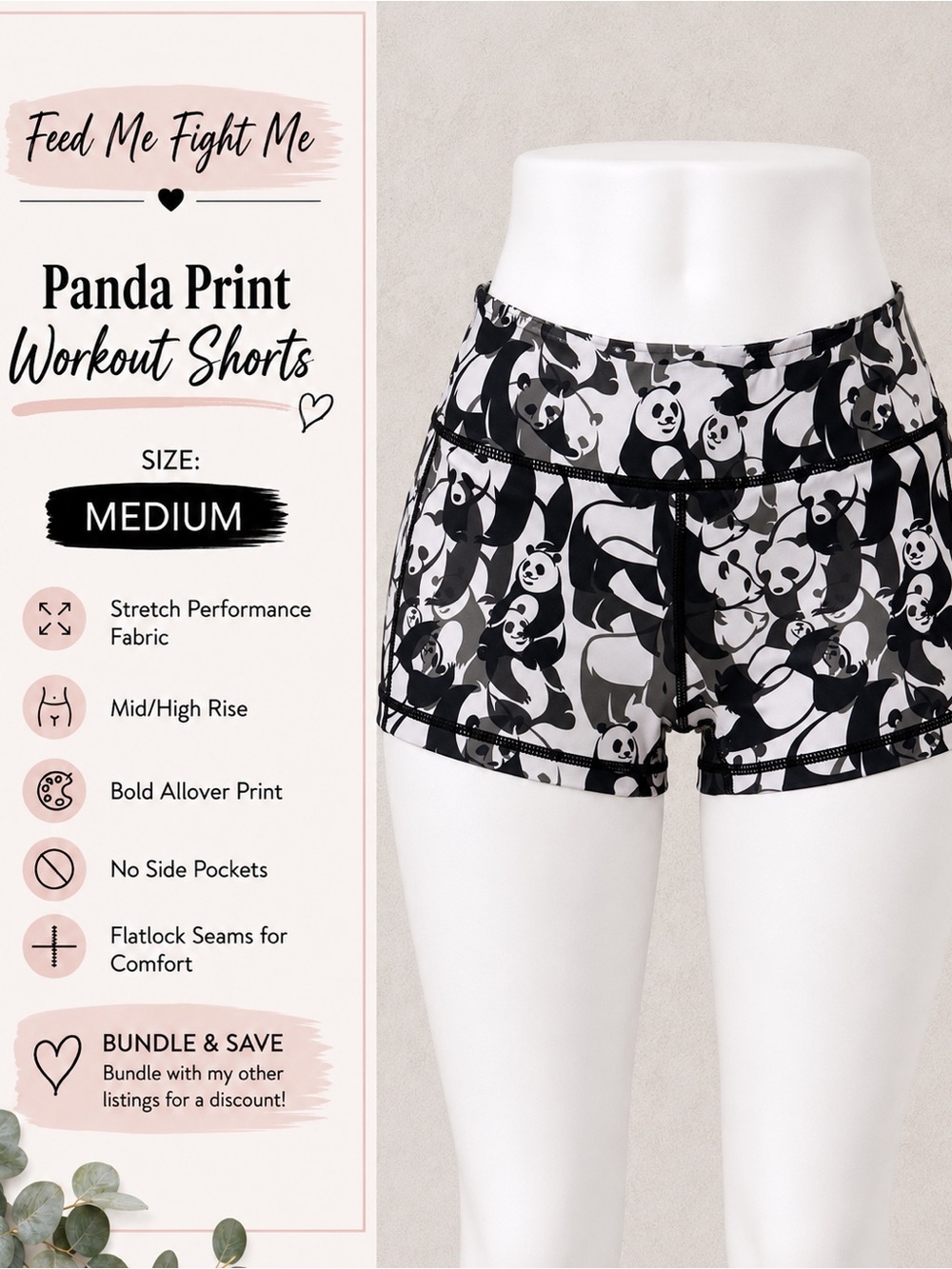 Feed me fight me medium Panda Print Workout Shorts - Black & White fmfm